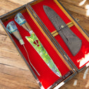 Kit de Churrasco  Lâmina Padroeira com Cabo Padroeira + Garfo  com CaboPadroeira +caixa em madeira